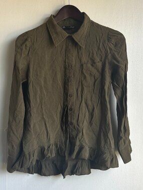 Rachael & Chloe Olive Green Ruffle Hem Button Down Shirt Size M